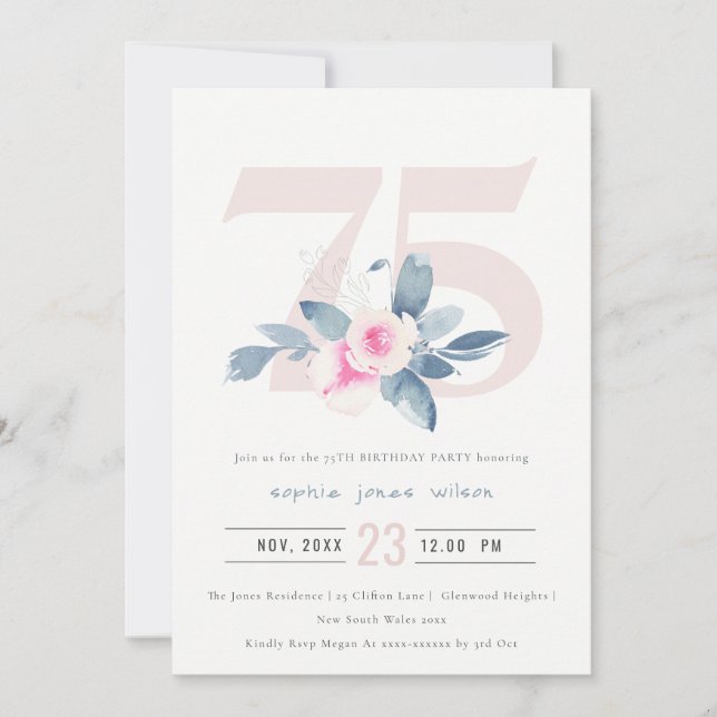 INVITATION AQUA DOUX BLEU BLEU FLORAL 75E TOUT ÂGE ANNIVERSAI (Devant)