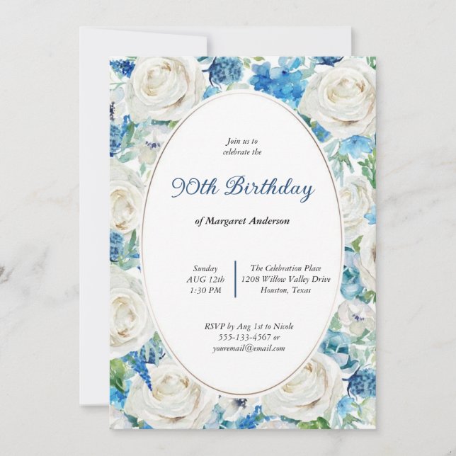 INVITATION AQUA DOUX BLEU BLEU FLORAL 80E TOUT ÂGE ANNIVERSAI (Devant)