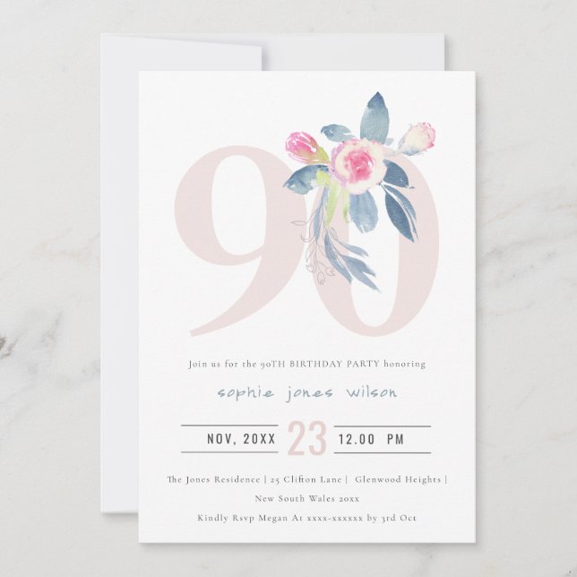INVITATION AQUA DOUX BLEU BLEU FLORAL 90ÈME TOUT ÂGE ANNIVERS (Devant)