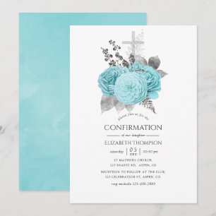 Invitation Aqua et argent Roses vintage shabby Confirmation