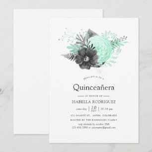Invitation Aqua et Charbon Floral Rustique Quinceañera