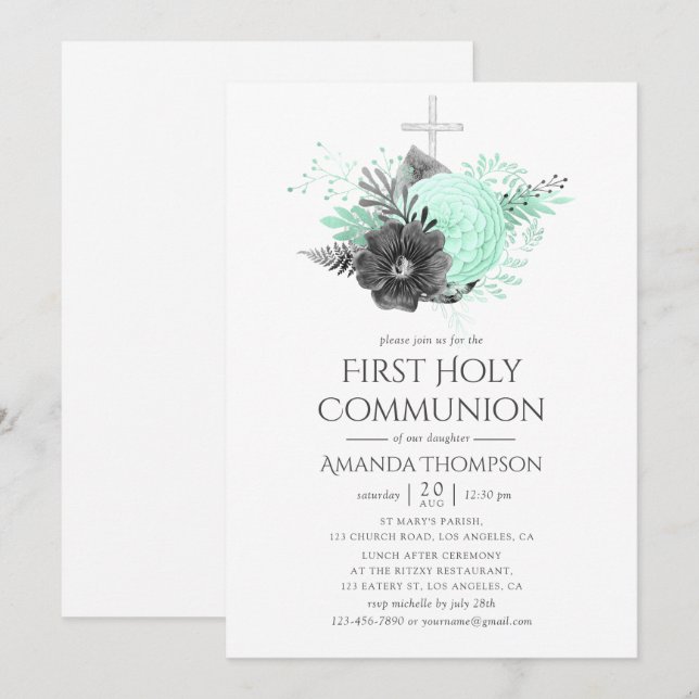 Invitation Aqua et Charbon Floral Rustique Sainte Communion (Devant / Derrière)