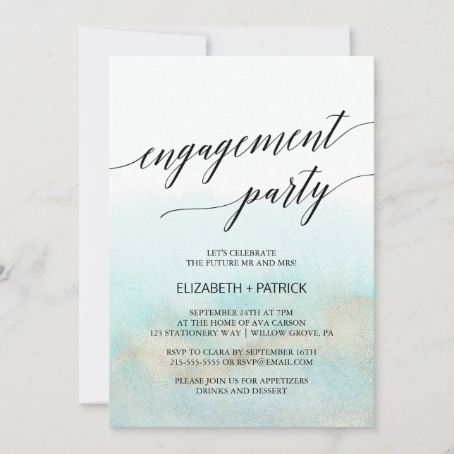 Invitation Aqua et Gold Watercolor Beach (Devant)