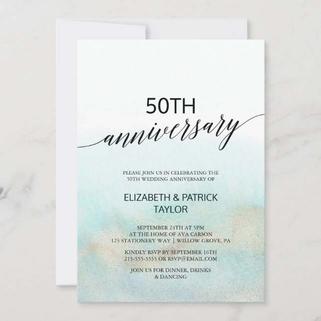 Invitation Aqua et Or Aquarelle Anniversaire de Mariage sur l (Devant)