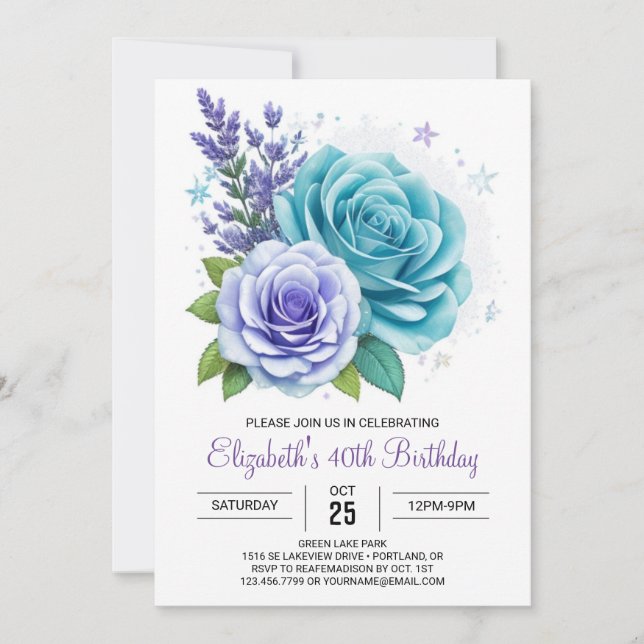 Invitation Aqua Floral Surprise 40e anniversaire (Devant)