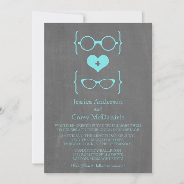 Invitation Aqua Geeky Lunettes Chalkboard Mariage Inviter (Devant)