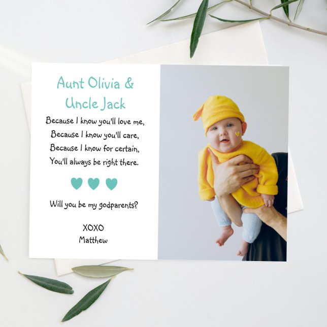 Invitation Aqua Hearts Will You Be My Godparents with Photo (Créateur téléchargé)