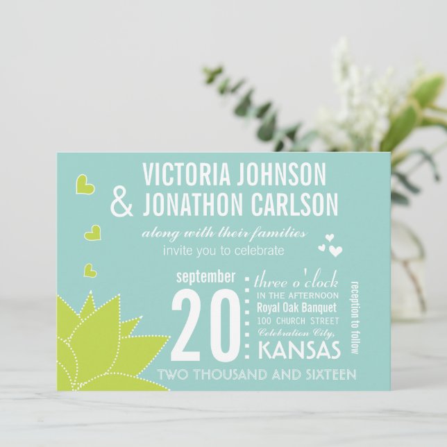 Invitation Aqua Lime Succulent ModerneTypographie Mariage (Debout devant)