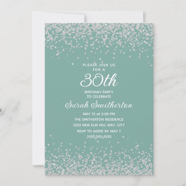 Invitation Aqua Menthe Argent Paillettes Diamant 30e Annivers (Devant)