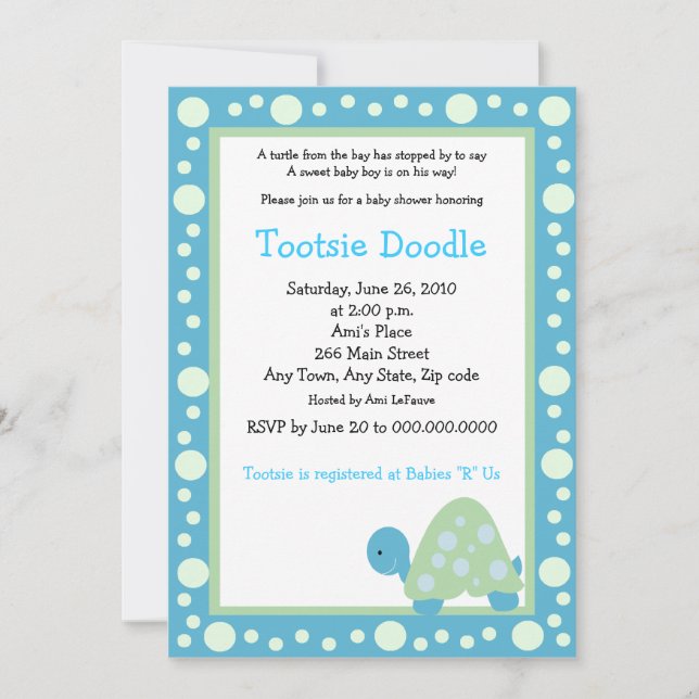 Invitation Aqua moderne de la tortue 5x7 de point/baby shower (Devant)