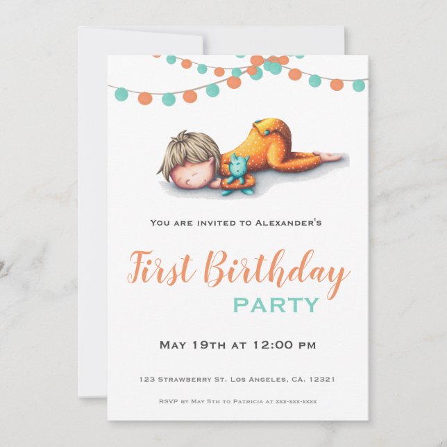 Invitation Aqua Orange Sleeping Boy Garland Premier anniversa (Devant)