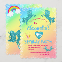 Invitation Aqua Parties scintillant Unicornes Anniversaire