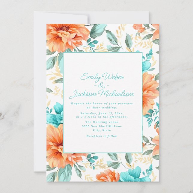 Invitation Aqua Peach Mariage floral (Devant)