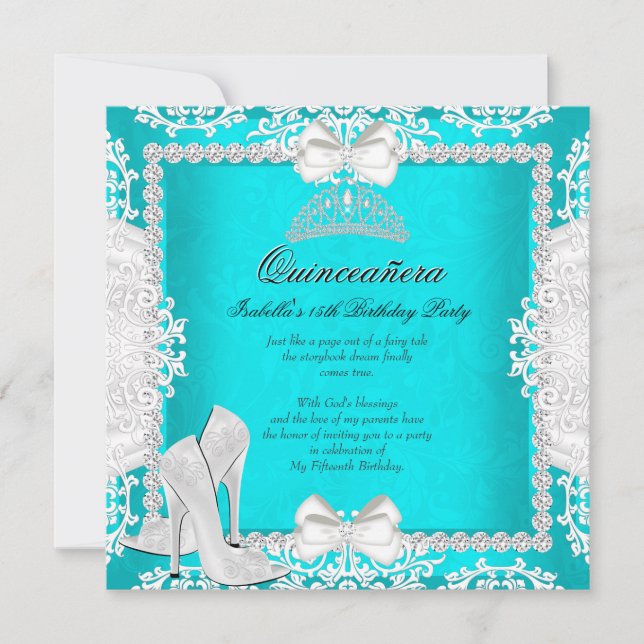 Invitation Aqua Quinceanera 15e Anniversaire fête talons haut (Devant)