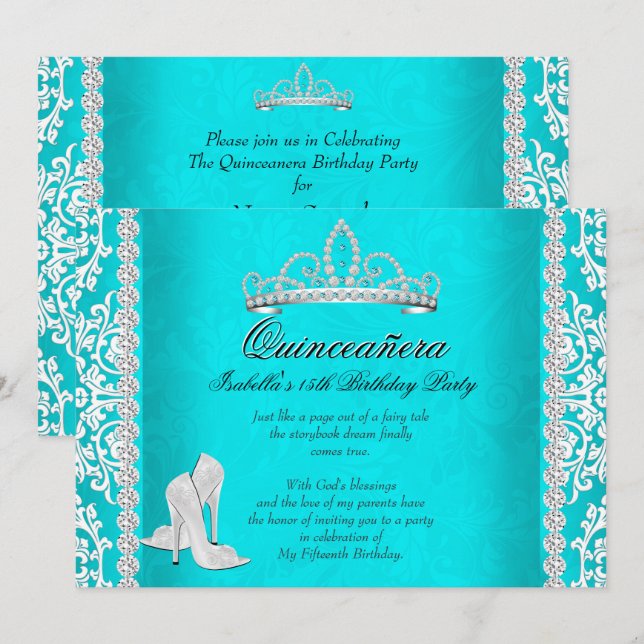 Invitation Aqua Quinceanera 15e anniversaire Tiara High Heels (Devant / Derrière)