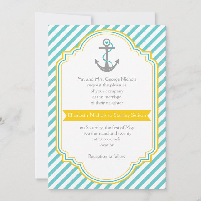 Invitation Aqua, rayures blanches et ancre mariage nautique (Devant)