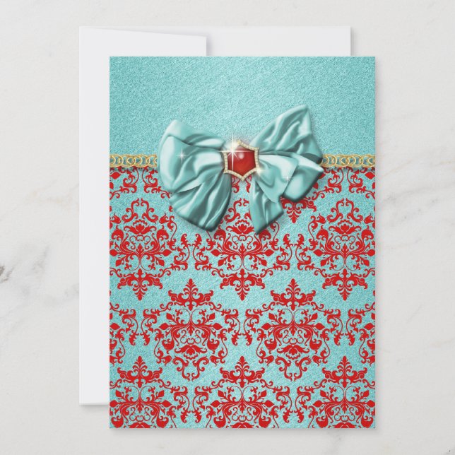 Invitation Aqua rouge damask fiançailles officiel (Devant)