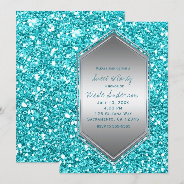 Invitation Aqua Silver Parties scintillant Glam Anniversaire  (Devant / Derrière)