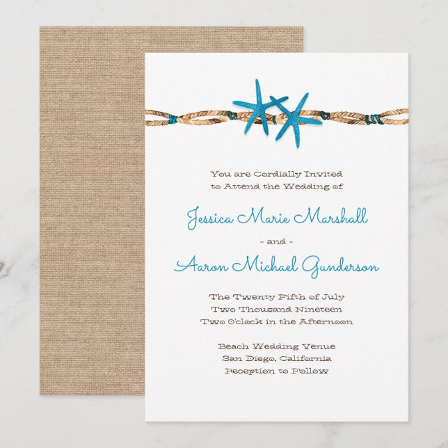 Invitation Aqua Starfish et Mariage de corde nautique 2 (Devant / Derrière)