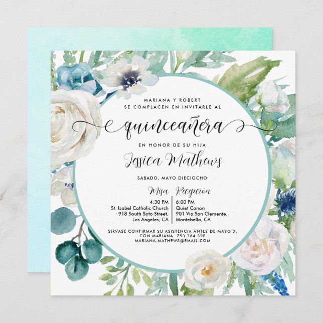 Invitation Aqua Turquoise Élégant Floral Quinceañera (Devant / Derrière)