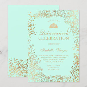 Invitation Aqua turquoise fleurie or Tiara chic Quinceañera