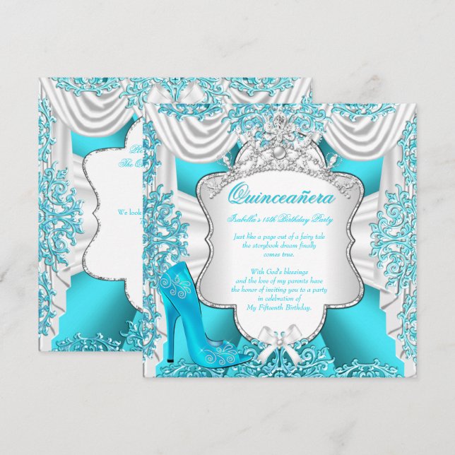Invitation Aqua Turquoise hauts talons Princesse Quinceanera  (Devant / Derrière)