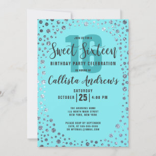Invitation Aqua Turquoise Parties scintillant Argent Confetti