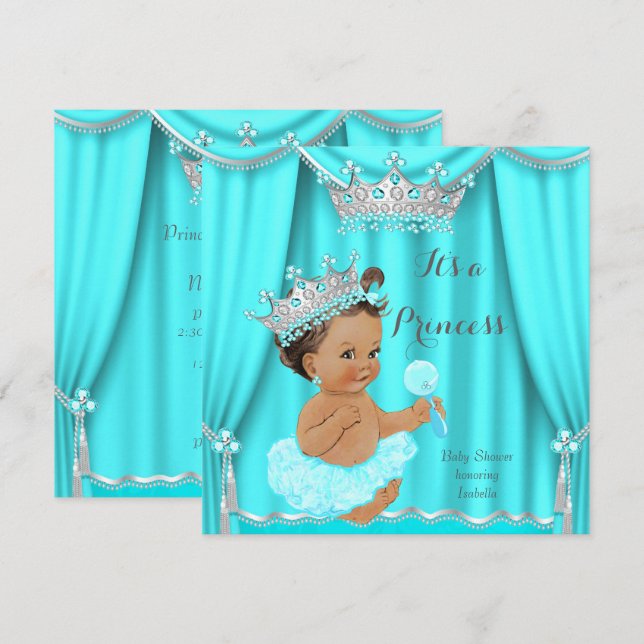 Invitation Aqua Turquoise Princess Baby shower Silver Brunett (Devant / Derrière)