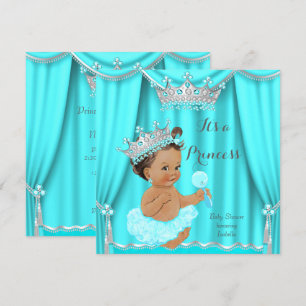 Invitation Aqua Turquoise Princess Baby shower Silver Brunett