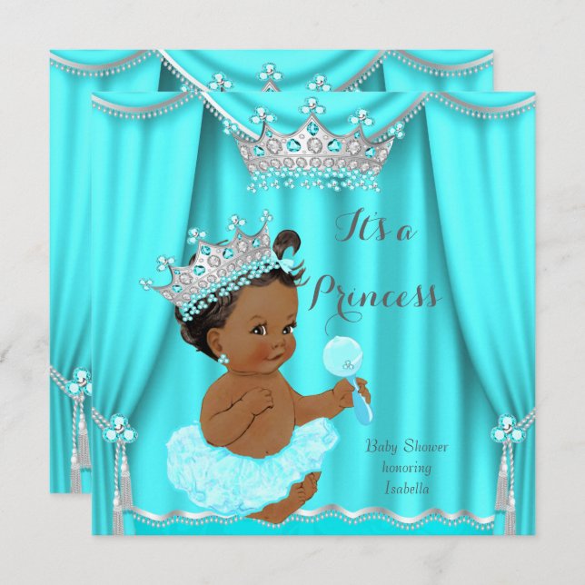 Invitation Aqua Turquoise Princess Baby shower Silver Ethnic (Devant / Derrière)