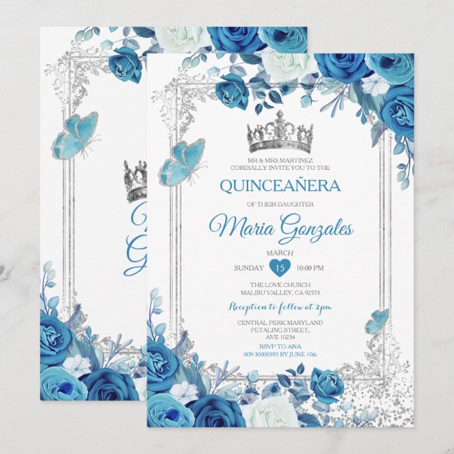 Invitation Aqua Turquoise Quinceañera Argent Couronne 15 Anos (Devant / Derrière)