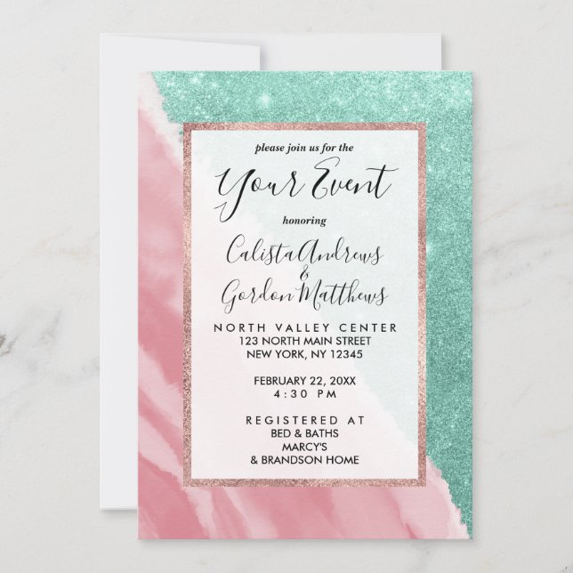 Invitation Aqua Turquoise Rose Parties scintillant Watercolor (Devant)