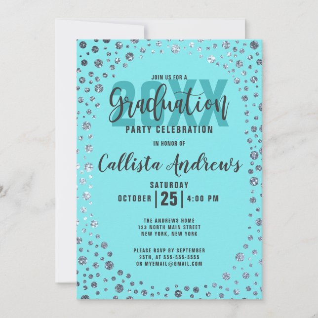 Invitation Aqua Turquoise Silver Parties scintillant Confetti (Devant)