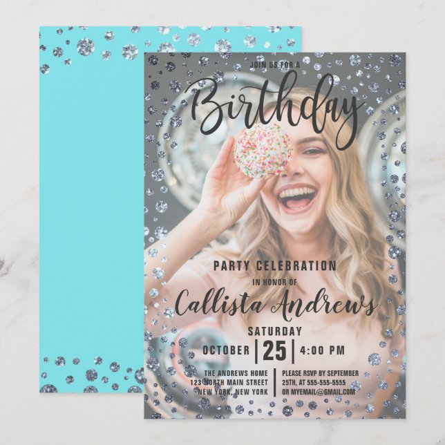 Invitation Aqua Turquoise Silver Parties scintillant Confetti (Devant / Derrière)