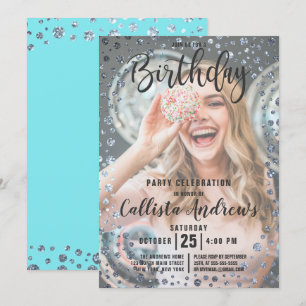 Invitation Aqua Turquoise Silver Parties scintillant Confetti