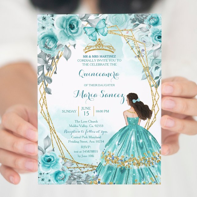 Invitation Aqua Turquoise Turquoise2 Rose et papillon Mis Qui (Créateur téléchargé)