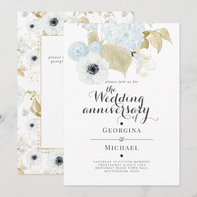 Invitation Aquamarine Bleu Or Floral MARIAGE ANNIVERSAIRE (Devant / Derrière)