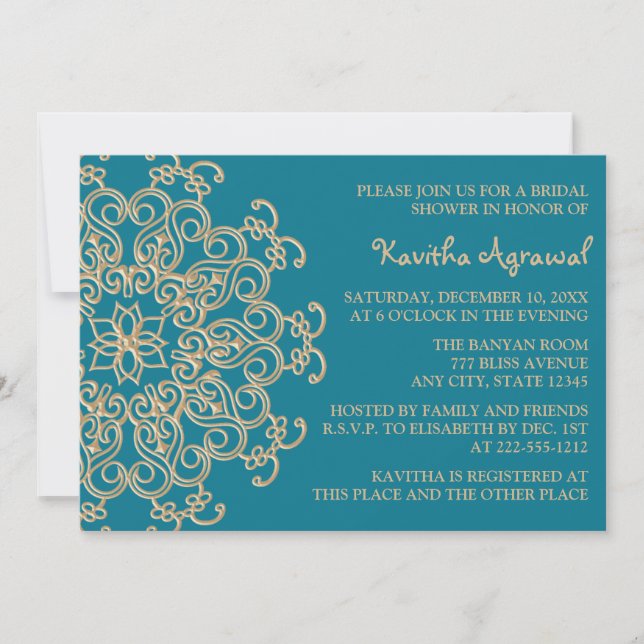 Invitation AQUAMARINE BLUE and Gold Indian Fête de l'mariée (Devant)