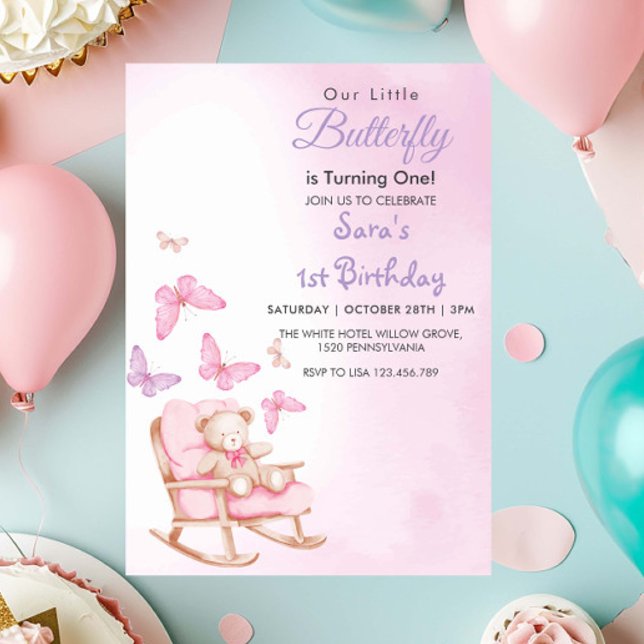 Invitation Aquarelle 1er anniversaire peluche et papillon (Créateur téléchargé)