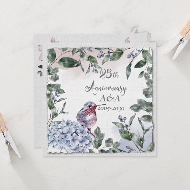Invitation Aquarelle 25e anniversaire Fleurs roses et oiseaux (Devant/Arrière en situation)