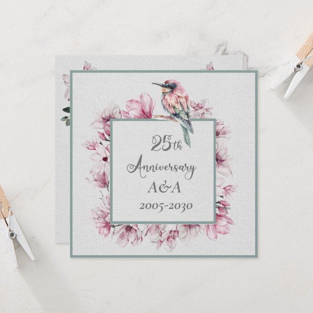 Invitation Aquarelle 25e anniversaire Fleurs roses et oiseaux (Devant/Arrière en situation)