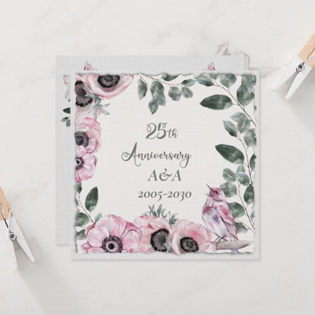 Invitation Aquarelle 25e anniversaire Fleurs roses et oiseaux (Devant/Arrière en situation)