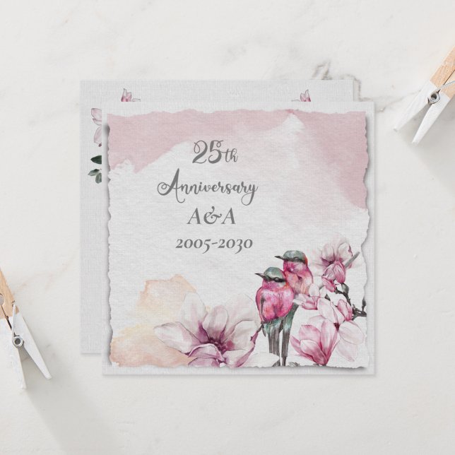 Invitation Aquarelle 25e anniversaire Fleurs roses et oiseaux (Devant/Arrière en situation)