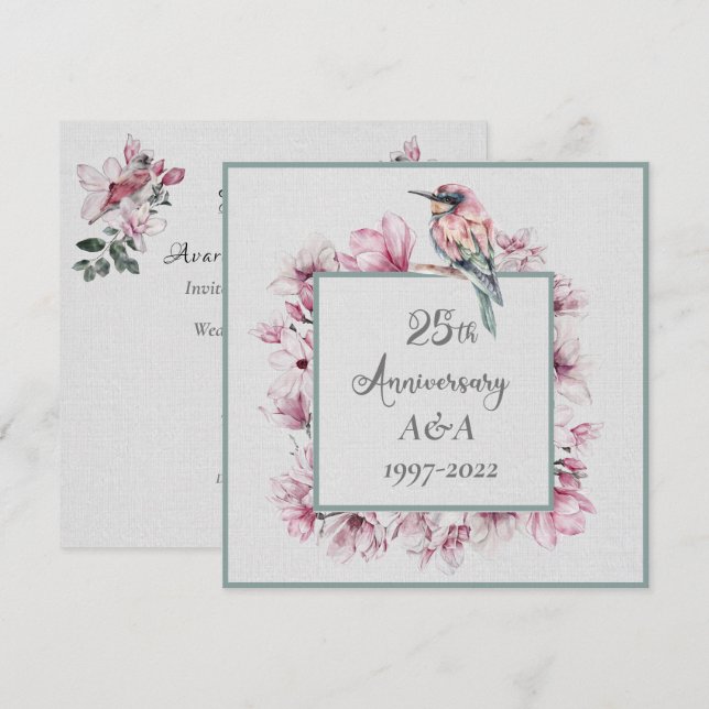 Invitation Aquarelle 25e anniversaire Fleurs roses et oiseaux (Devant / Derrière)