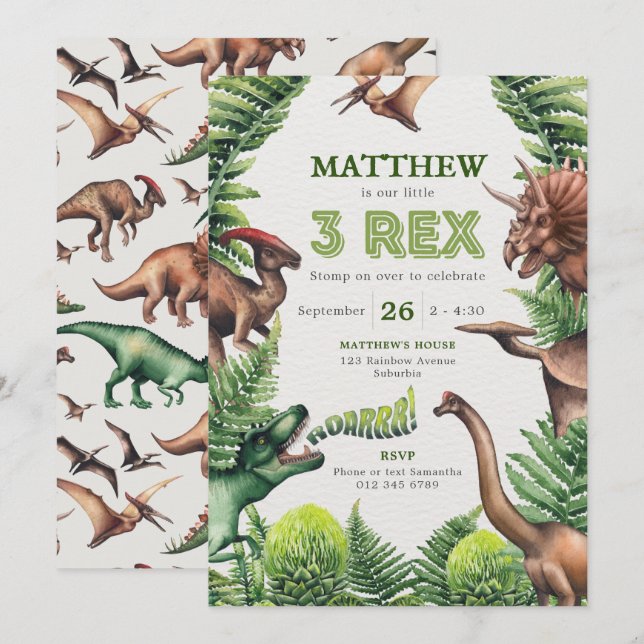 Invitation Aquarelle 3-Rex T-Rex & Dinosaures Anniversaire de (Devant / Derrière)
