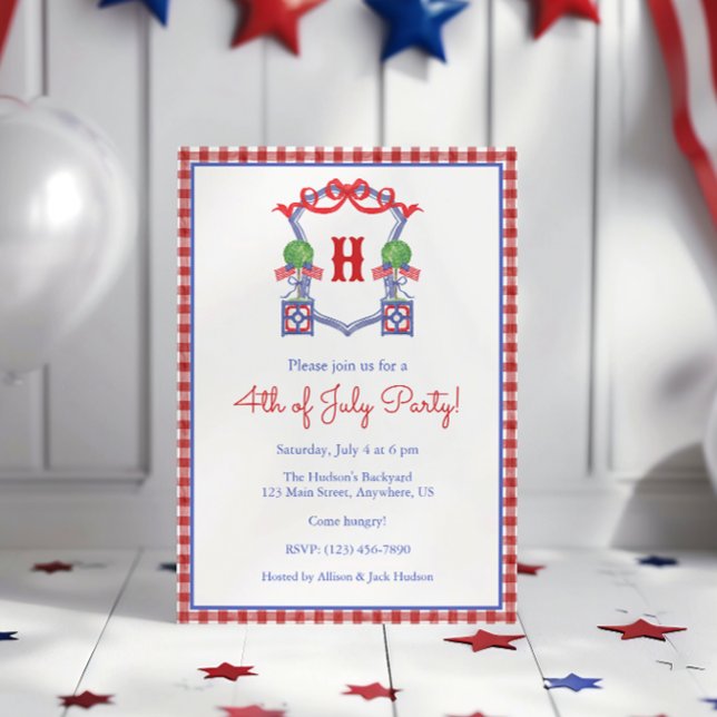 Invitation Aquarelle 4 juillet Drapeau Monogram Crest Party (Créateur téléchargé)