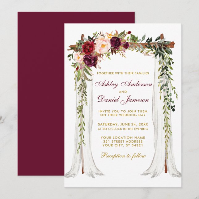 Invitation Aquarelle à canopée mariage Floral Bourgogne Or (Devant / Derrière)