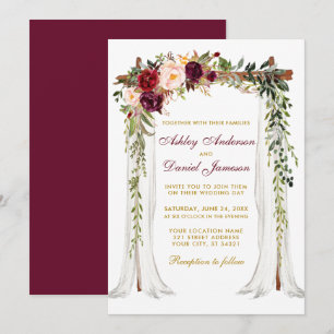 Invitation Aquarelle à canopée mariage Floral Bourgogne Or