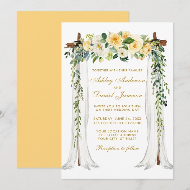 Invitation Aquarelle à canopée mariage Jaune Floral Or (Devant / Derrière)