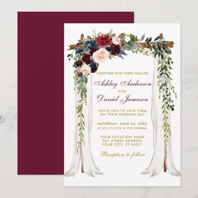 Invitation Aquarelle à canopée mariage or floral (Devant / Derrière)